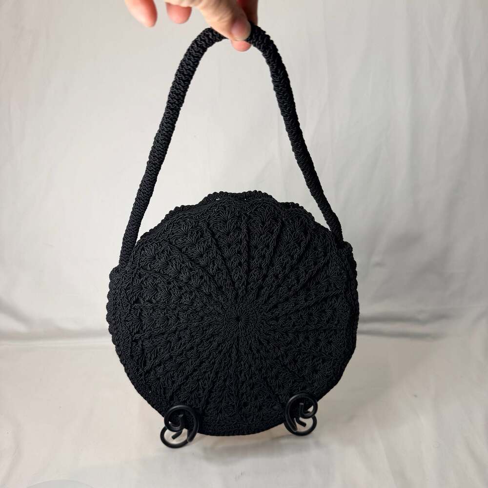 Vintage 1940s Black Cord Wrapped Round Handbag with Zipper